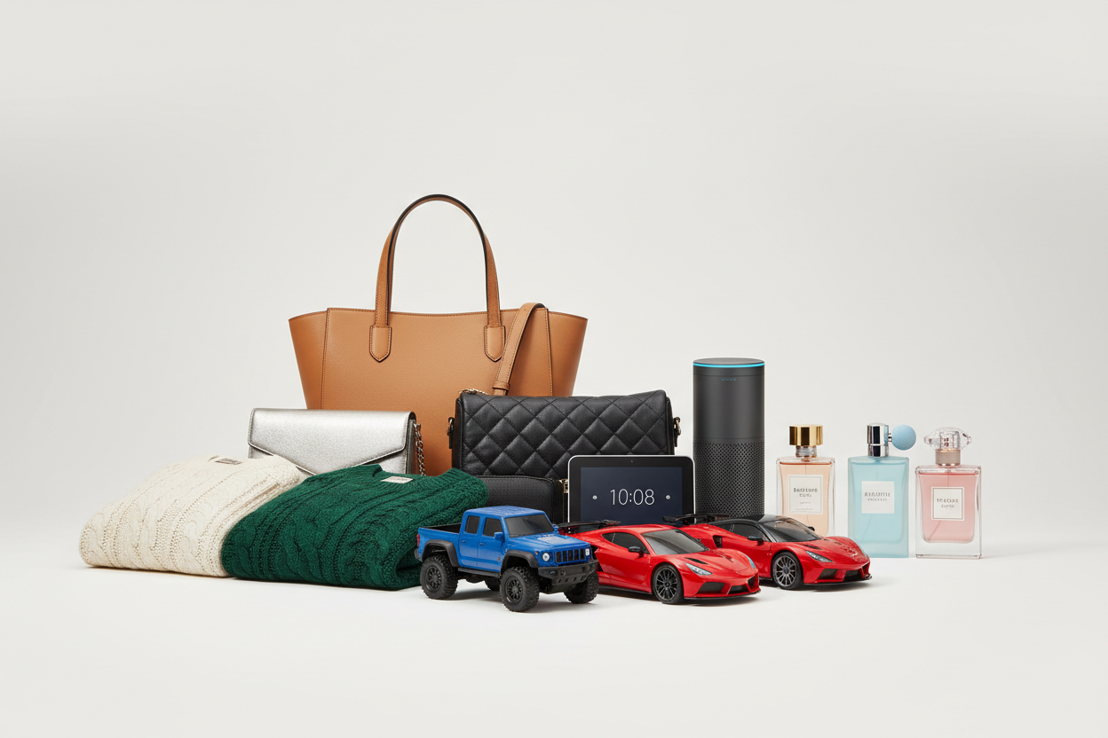 A picture of different collection of remote control car bags smart appliances sweater and perfumes