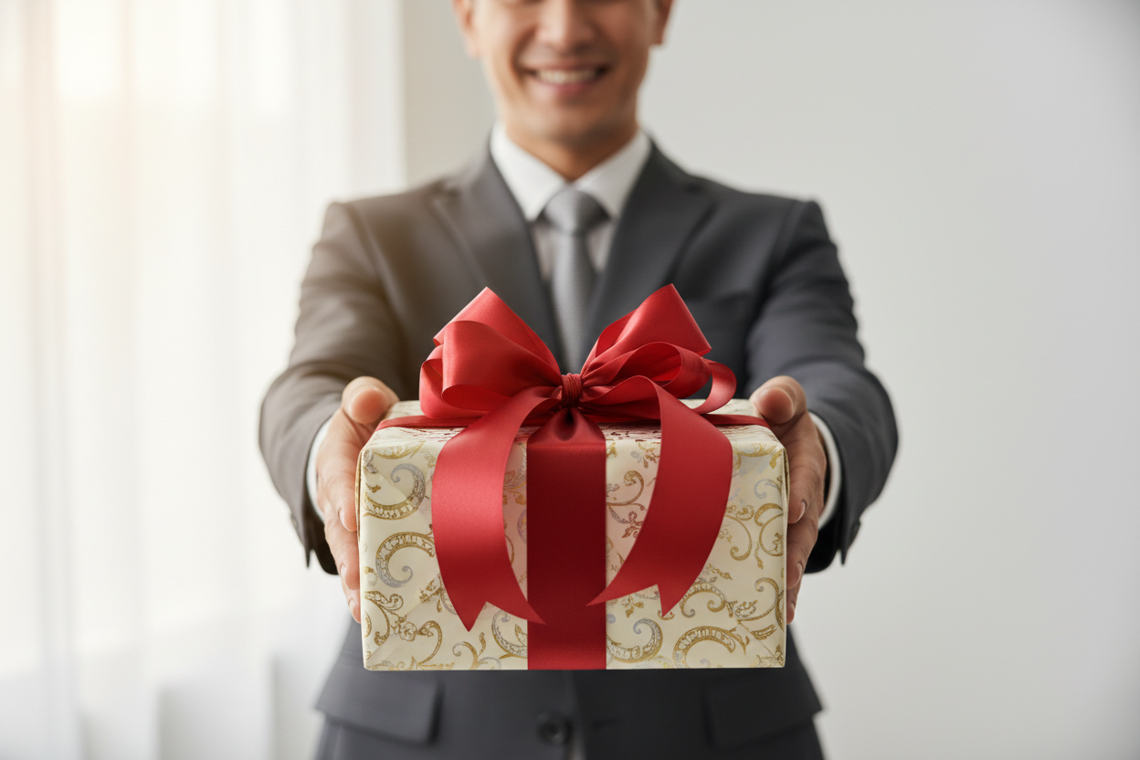 A picture of someone giving out a gift with confidence